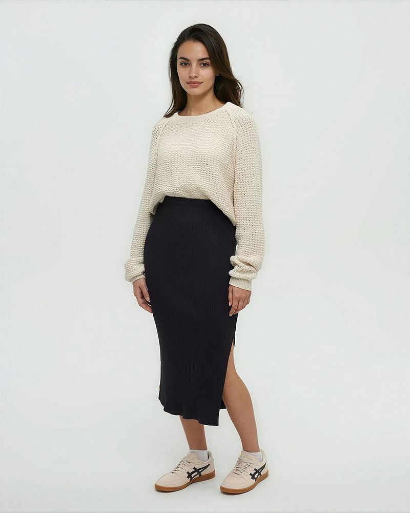 Black-Womens-High-Rise-Midi-Skirt