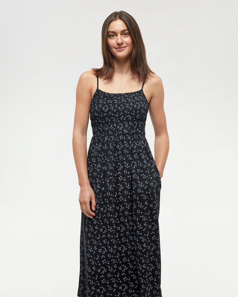 Black-Womens-Mid-Length-Smocked-Dress
