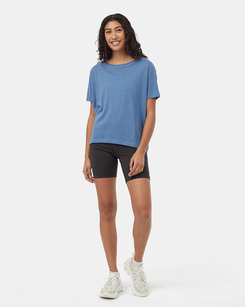 Blue-Crew-Neck-Flowy-Oversized-Shortsleeve-T-Shirt