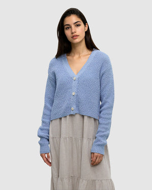 Blue-Highline-Boucle-Cardigan *Model is 5'9", wearing size S