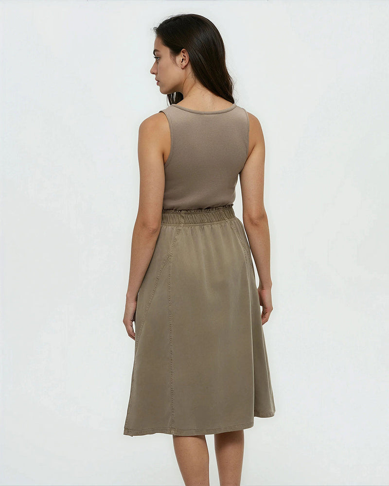 Brown-Elastic-Waist-Midi-Length-Dress