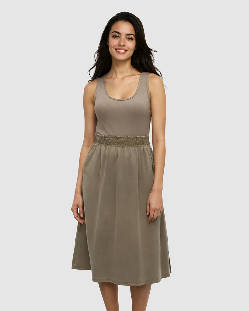 Brown-Elastic-Waist-Midi-Length-Dress