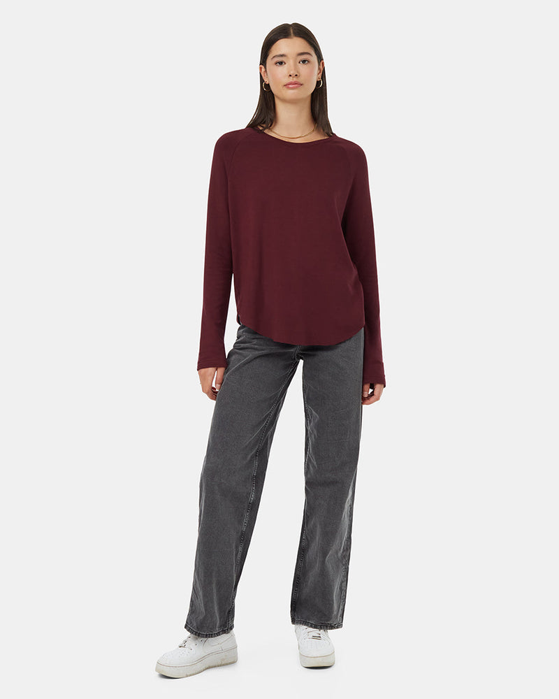 Burgundy-Crew-Neck-Shirttail-Hem-Long-Sleeve-Top