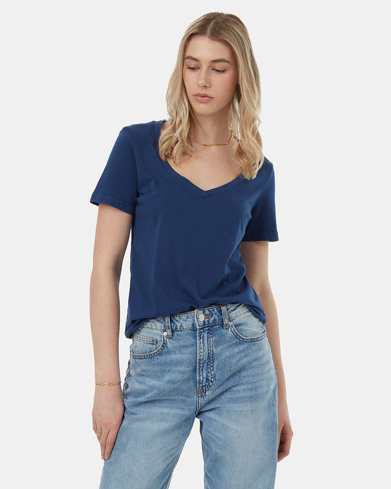 Blue-Sustainable-Regenerative-V-Neck-Tee