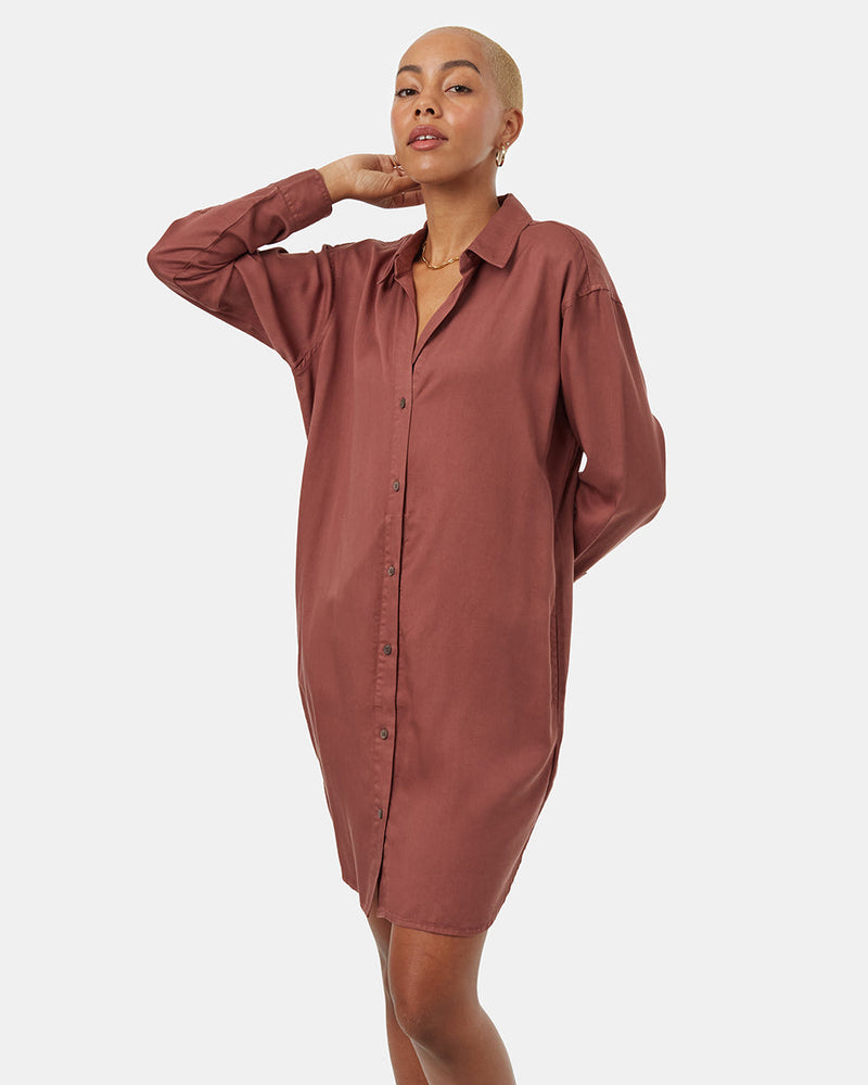 Womens Red Loose Fit Mid-Length Shirt Dress