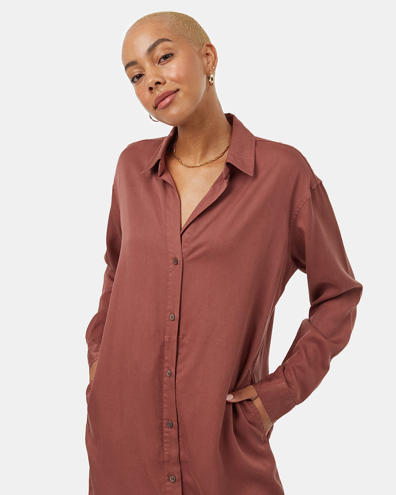 Womens Red Loose Fit Mid-Length Shirt Dress
